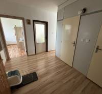 Hallway in a 3-room apartment with a wooden decor floor and doors.