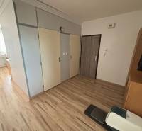Interior of a 3-room apartment with a wooden decor floor and simple furnishings.