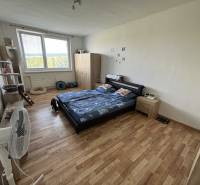 Bedroom in a 3-room apartment with wood-patterned flooring and a large window.