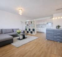 Living room with kitchen, comfortable sofa, floor decor, and modern lighting in a two-room apartment.