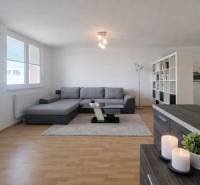 Living room in a two-room apartment with a wooden decor floor and a gray sofa.