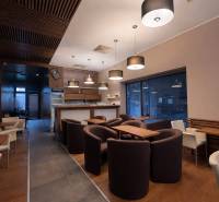 Interior of a commercial space with comfortable armchairs, wooden decor, and modern lighting.