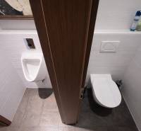 Toilet and urinal in commercial premises with wood-patterned flooring.