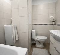 Bathroom in a studio apartment with a bathtub, toilet, and washing machine on a floor with a wooden decor.