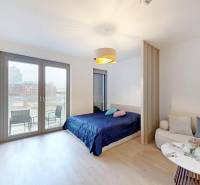 A bright interior of a studio apartment with a bed, sofa, and balcony.