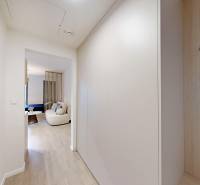 A hallway leading to the living room with decorative seating and wood-patterned flooring.
