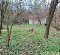 A cottage in Chľaba in a natural environment with grass cover and trees around.