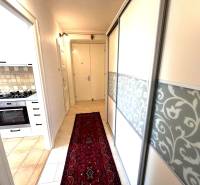 Hallway in a 2-room apartment with a kitchen, patterned carpet, built-in wardrobe.