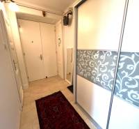 Entrance hallway of a 2-room apartment with a sliding wardrobe and a carpet.