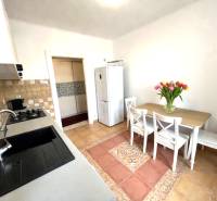 Kitchen in a 2-room apartment with a dining table, sink, and flowers on the table.