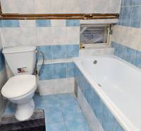 Bathroom in a 3-room apartment with a bathtub and toilet, tiles in blue and white.