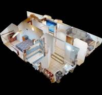 Model of a 3-room apartment with wood-patterned flooring, a bathroom, and a kitchen.