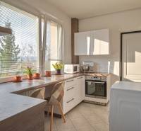 A bright kitchen with a window in a 3-room apartment, plants on the windowsill, seating, and appliances.