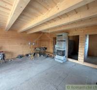 Wooden cladding, fireplace, and work materials in the interior of a family house.