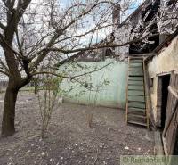 The garden of a family house in Čalovec with a blooming tree and wooden doors.