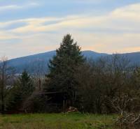 The garden of a family house in Trstín with a view of the hilly landscape and greenery.