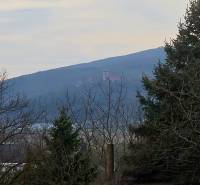View of the hills from a family house in Trstín, with trees and roofs visible.
