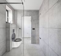 A bathroom in a family house with large-format tiles and a wall-mounted toilet.