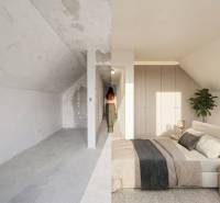 Converting the attic in a family house into a cozy bedroom with tasteful lighting and decorations.
