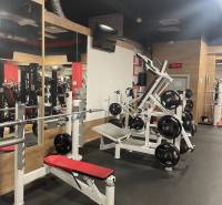 A gym with a bench, dumbbells, and mirrors in commercial premises.