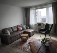 Living room in a two-room apartment with a sofa, an armchair, and a table on a floor with a wooden decor.