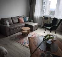 Obývacia izba s pohovkou, kreslom, kobercom a podlahou s dreveným dekorom v 2-izbovom byte.