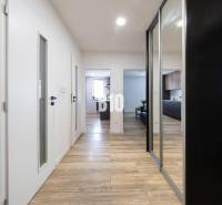 A hallway with a wooden decor floor, white doors, and built-in wardrobes in a 3-room apartment.