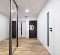 Entrance hall of a 3-room apartment with a wooden decor floor and a built-in wardrobe.