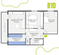Floor plan of a 3-room apartment with a bedroom, loggia, bathroom, toilet, and kitchen.