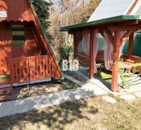 A wooden cottage in Martin next to a gazebo with pink curtains on a grassy area.
