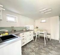 A fully equipped kitchen in a cabin with a wooden decor floor and a shower corner.