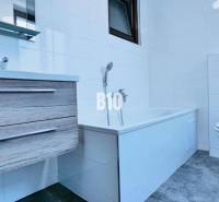 Bathroom in a 3-room apartment with a bathtub, sink, toilet, and floor with a wooden decor.