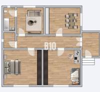 Floor plan of a family house with furniture, wooden decor flooring, and multiple rooms.