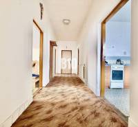 A hallway in a family house with a carpet, on the right a kitchen, furniture, and appliances.