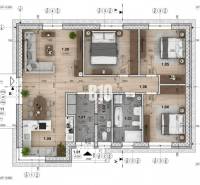 Floor plan of a family house with rooms and wooden decor flooring.