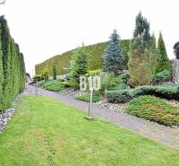 A garden near a villa in Súľov-Hradná with a trimmed hedge and a pathway.