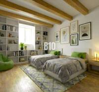 A bedroom in a cabin with decorative wooden partitions, shelves, and a floor with a wooden decor.