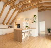 A kitchen in a cottage with a wood-patterned floor, wooden beams, and houseplants.