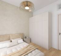 Bedroom in a family house with wood-decor flooring, a bed, a wardrobe, and ambient lighting.