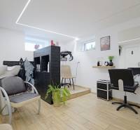 Interior of a hair salon with wood-patterned flooring in a family house.