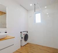 A bathroom with a washing machine, shower, sink, and a floor with a wooden decor in a family house.