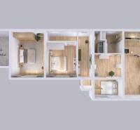 Floor plan of a family house with wood-patterned flooring, a summer kitchen, and furniture.