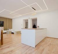Kitchen and living room with wood-patterned flooring in a family house.