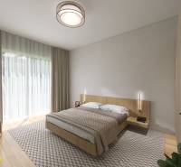 Bedroom in a family house with a bed, nightstands, and curtains, floor with wooden decor.