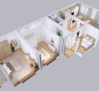 A floor plan with a room, kitchen, and summer kitchenette in a family house.