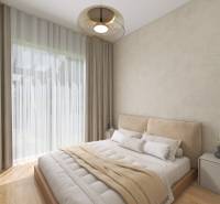 A bright bedroom with a large window, beige curtains, and a wooden decor floor.