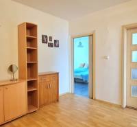 Interior of a 2-room apartment with a wooden decor floor and doors with glass panels.