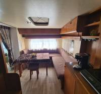 Interior of a cabin with a sofa, table, and wooden decor flooring.