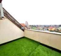 A balcony with artificial grass in a 3-room apartment offers a view of the rooftops.