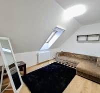 A room in a 3-room apartment with a wooden decor floor, a carpet, and a sofa bed.